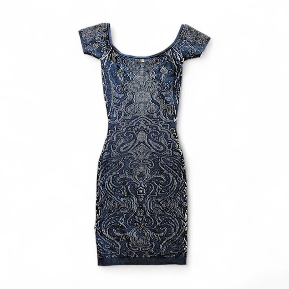 XS Guess Black Lace Bodycon Dress Brocade Knit Stretch Knee Length Black XS - Picture 3 of 3